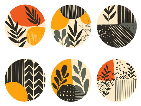 Conjunto de seis &iacute;cones redondos abstratos com elementos bot&acirc;nicos e formas geom&eacute;tricas em tons terrosos.