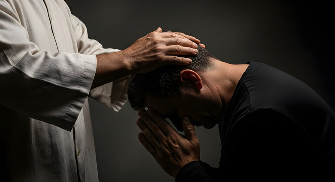 Man receiving blessing or comfort from another person