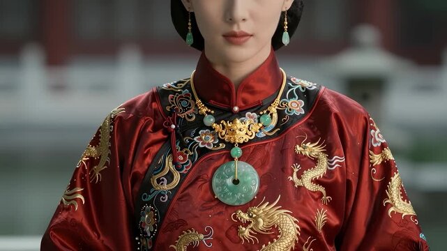 Woman in red embroidered dragon cheongsam with jade jewelry