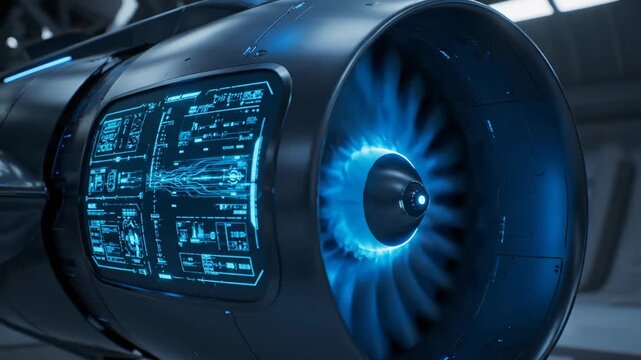 Futuristic Aircraft Engine Detail - A close-up shot of a futuristic aircraft engine. The video features a glowing blue turbine and a digital display with technical schematics.