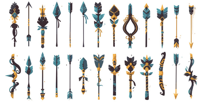 Cole&ccedil;&atilde;o de setas e lan&ccedil;as ornamentadas com design tribal e elementos geom&eacute;tricos, em fundo transparente.