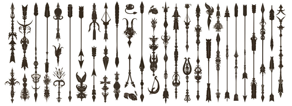 Cole&ccedil;&atilde;o de setas decorativas e ornamentais com pontas variadas em silhueta, fundo transparente.