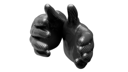 Approaching shiny black metallic carbon fiber cyborg 3D hands isolated png file created by 3D render.
