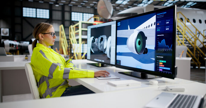 Woman Working On Aircraft Engine
