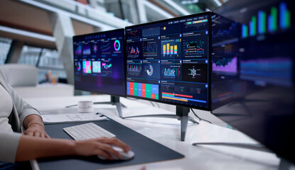 Fototapeta premium Female Analyst Comparison Multiple Screens Data Financial Corporate Growth