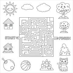 A black and white illustration of a maze with a start and finish point surrounded by simple icons like a cat, house, and sun