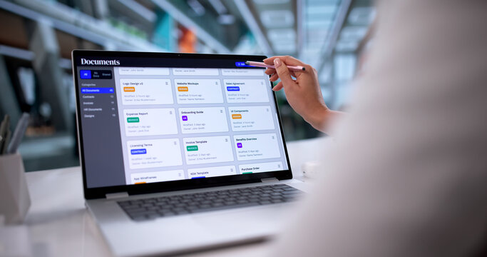 Digital Transformation: Woman Utilizing Online Document Management Cloud