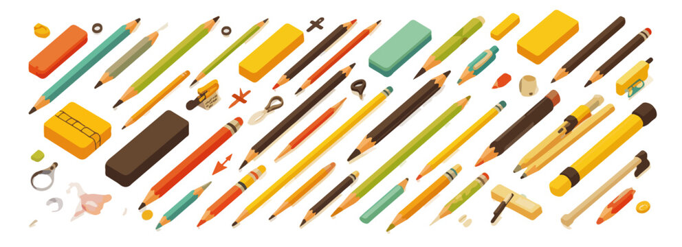 Composi&ccedil;&atilde;o de materiais de arte, l&aacute;pis, borrachas e apontadores em fundo branco com transpar&ecirc;ncia.