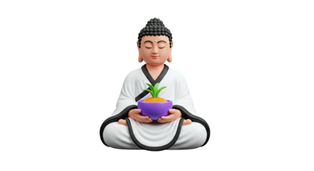 Meditating Buddha holding a potted plant