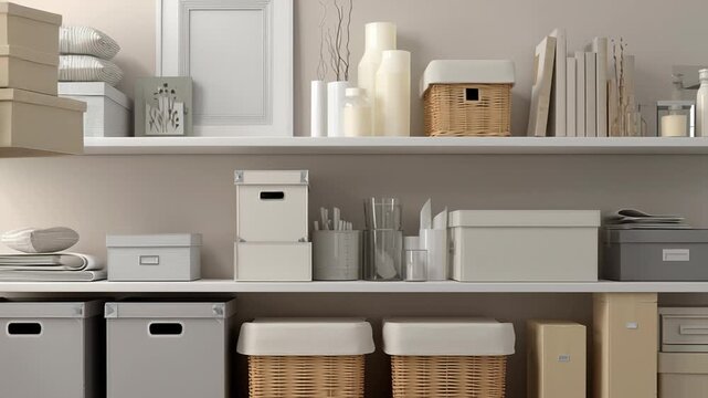 Minimalist declutter concept in a home storage room, carefully curated storage boxes and shelves, light neutral tones, soft diffused lighting, realistic scale and proportions, modern lifestyle 