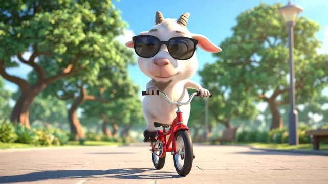 Cartoon Goat Riding Bicycle - A friendly cartoon goat wearing sunglasses rides a red bicycle down a paved path in a sunny park.