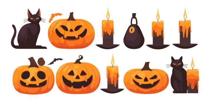 Ilustra&ccedil;&atilde;o de Halloween com ab&oacute;boras assustadoras, gatos pretos e velas acesas em fundo transparente.