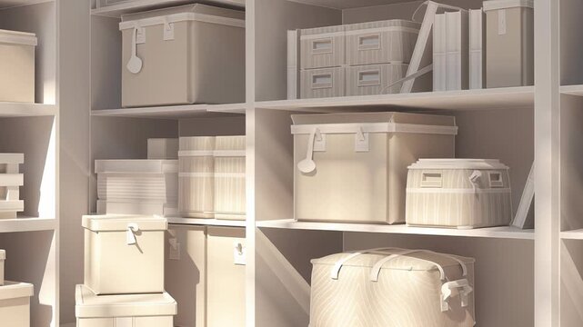 Minimalist declutter concept in a home storage room, carefully curated storage boxes and shelves, light neutral tones, soft diffused lighting, realistic scale and proportions, modern lifestyle 