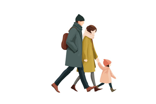 Familia caminando junta en invierno con ropa abrigada, concepto de uni&oacute;n y estilo de vida.