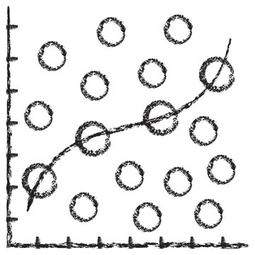 Vector icon of polynomial regression with a curved trend line through data points. Dark brown charcoal sketch on transparent background. Hand-drawn concept for non-linear AI modeling