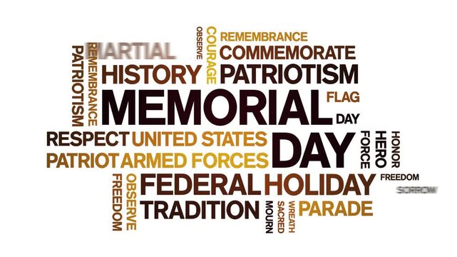 Memorial Day animated word cloud-text design animation tag kinetic typography seamless loop.