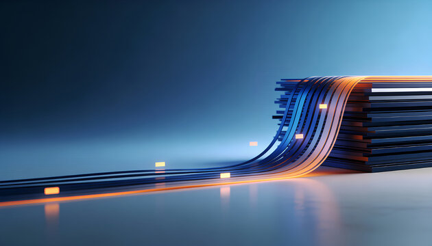 Navy Data Stream Ramping Into Stacked Server Column with Soft Orange Glow, Futuristic Technology Background