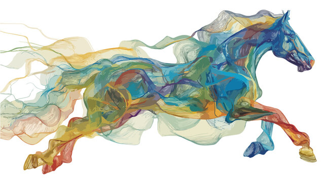 Caballo abstracto de colores vibrantes hecho de humo o pintura, corriendo sobre fondo blanco transparente.