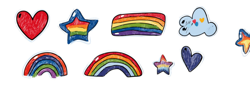 Conjunto de &iacute;cones desenhados &agrave; m&atilde;o: cora&ccedil;&otilde;es, estrelas e arco-&iacute;ris em fundo transparente