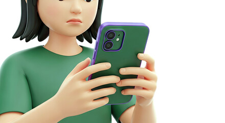 3D Character Holding a Green and Purple Smartphone