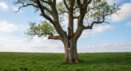 Fototapeta premium Majestic tree with a hollow trunk stands in a grassy field under a partly cloudy sky