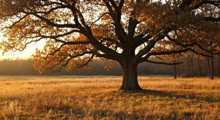 Fototapeta premium Majestic tree with sprawling branches, golden foliage, standing in a field, bathed in sunlight