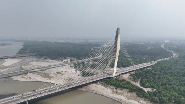 Aerial view of Signature Bridge of Delhi, India
