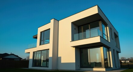 Modern, two-story home with white facade, large windows, glass balconies, and blue sky