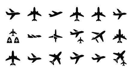 Black Airplane Silhouette Vector Icon Set on White Background
