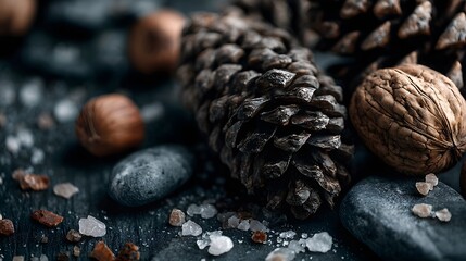 Nature-inspired still life with pine cones, whole walnut, and grey river stones arranged on dark slate texture, scattered sea salt crystal.