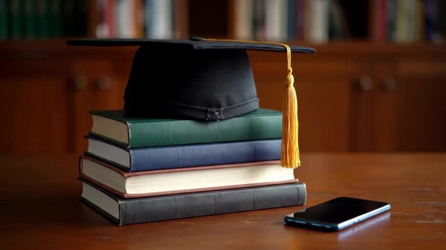 Graduation Cap and Books on Wooden Table - A black graduation cap with a gold tassel rests atop a stack of books, with a smartphone in the foreground.