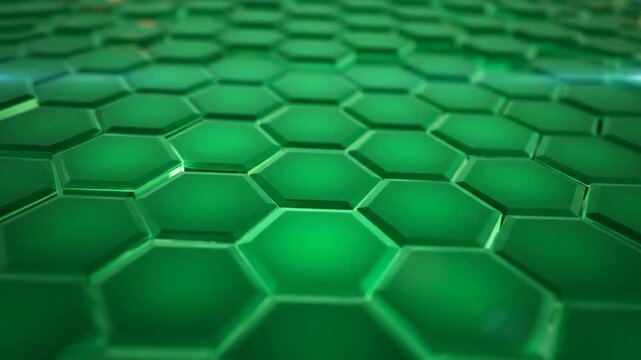 Green Hexagonal Abstract Background - This video showcases a detailed, low-angle view of a tessellated pattern of green hexagonal tiles.