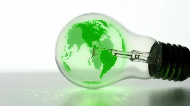 Eco-friendly Light Bulb with World Map Design - This video features a transparent light bulb with a green silhouette of the world map inside, symbolizing sustainability and eco-friendliness.