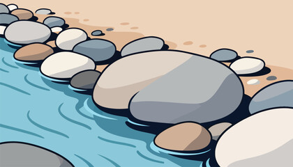 Smooth, rounded stones line the edge of a tranquil, blue stream, with sandy shore beyond