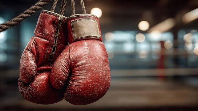 Pair of vintage red leather boxing gloves hanging against blurred gym background, ropes visible, dramatic gritty lighting, sports motivation.