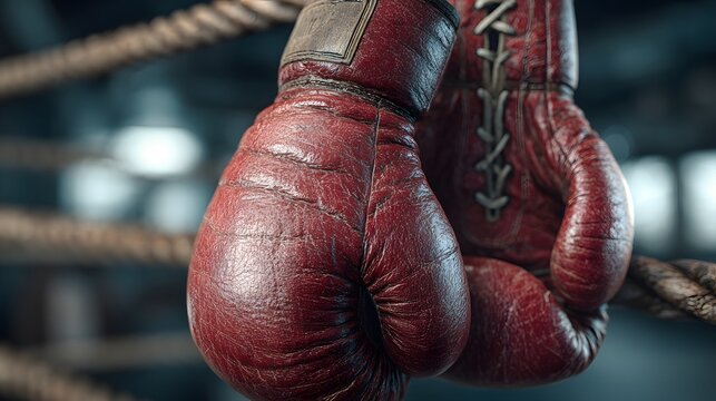 Pair of vintage red leather boxing gloves hanging against blurred gym background, ropes visible, dramatic gritty lighting, sports motivation.