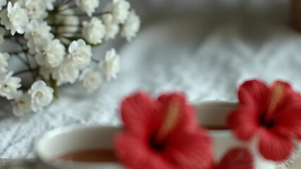 Valentine day. valentine day beach red hibiscus flower tea cup romance soft light holiday relax love concept heart morning table near window with flower dreamy mood celebration couple detail closeup