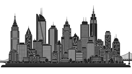 Black and white city skyline silhouette with skyscrapers and bridge, urban landscape vector illustration © masss