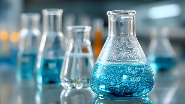 Pristine laboratory setting with glass beakers filled with clear blue liquids, clean white reflective surface, cool clinical lighting style.