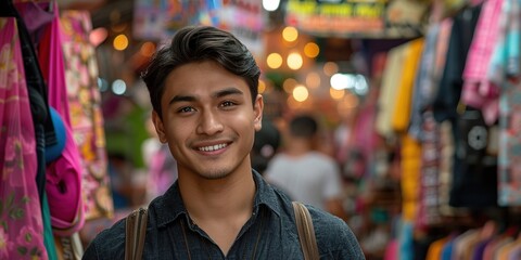 Obraz premium Young Man Smiling in Vibrant Marketplace with Colorful Textiles