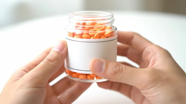 Hands Holding a Glass Jar of Orange Pills - A pair of hands carefully holds a clear glass jar filled with orange pills. The jar features a blank label, allowing for customization or further detailing.