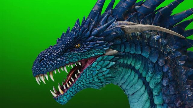Fierce blue dragon with sharp teeth and claws roaring