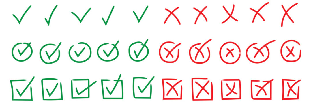 Check tick mark icon set, hand drawn doodle red cross box x check mark green checkbox v, sketch marker checklist symbol right and wrong set - stock vector