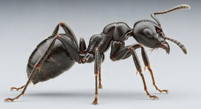 Close-up view of a black ant, showcasing its detailed anatomy and segmented body against a plain background