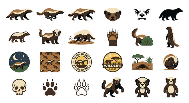 Collection of badger illustrations in various poses, including running, standing, and in logo designs.