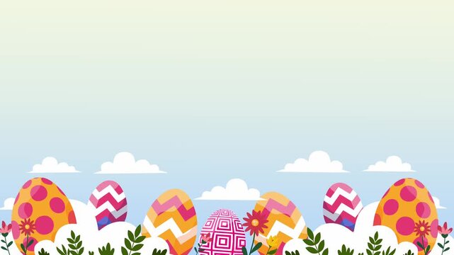easter egg border on grassy field with blue sky and clouds