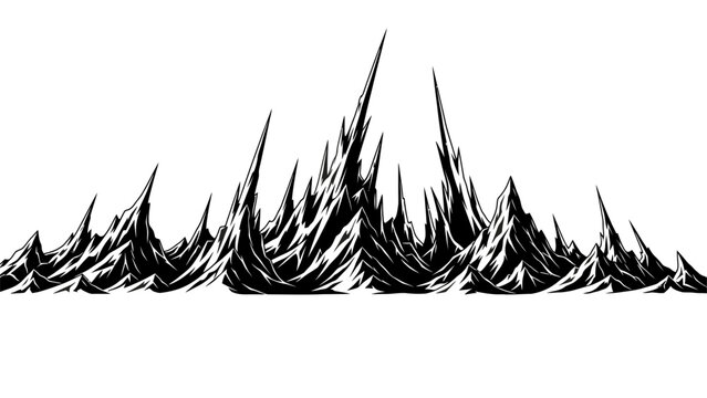 Black and white sharp mountain range silhouette illustration.