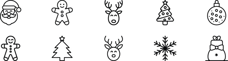 Fototapeta premium Christmas icons set featuring Santa Claus gingerbread men reindeer Christmas trees baubles snowflakes and gifts in a line art style. 