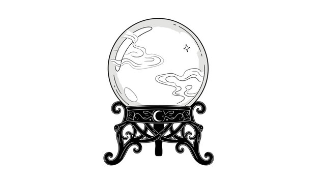 Mystical magic crystal ball on ornate stand line art.