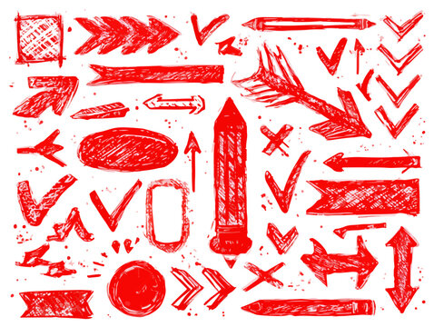 Conjunto de iconos y s&iacute;mbolos rojos dibujados a mano, incluyendo flechas, marcas de verificaci&oacute;n y cruces, sobre fondo transparente.